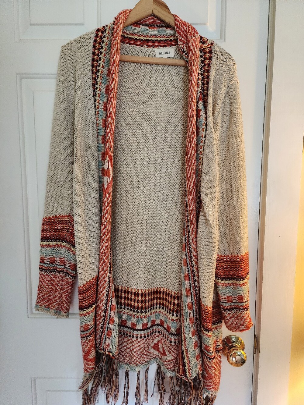 Adora Boho Aztec Knit Open Cardigan Size M/L Cream Orange Fringe Hippie 70s
